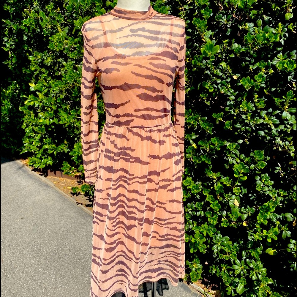 Mock Sheer Long-sleeve Tiger Striped Beige Dress